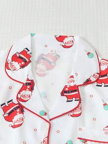 2pcs Comfortable Christmas Santa Candy Print Long Sleeve Collared Top And Bow Tie Pants Women's Pajama Set - White - View 3