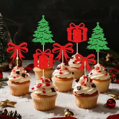 24 Stücke Baby Weihnachts-Geburtstagskuchen Dekorationen, Verzierungen, einschließlich Weihnachtsbaum, Geschenk und Schleife; ausgewählte Bambus-Blasen-Kuchendekorationen, geeignet für Weihnachtsfeiern, Neujahrsszenen; und Zubehör für Heiligabend und Weihnachtsparty