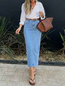 Light Blue Washed Mid-To-High Waist Denim Skirt For Women, Vintage Bodycon Mid-Length Slim Fit Commuter Versatile Denim Skirt, Belt Not Included - Medium Wash - View 7