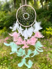 1pc Girls Dream Catcher, Butterfly Center, Pink And White Mixed Feathers And Transparent Beads, Bedroom Pink Decoration, With Decorative Box And White Raffia - Multicolor - View 14