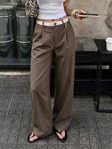 Women's Brown Fall Casual Trousers With Contrast Button Detail – Suitable For Daily Wear, Outings, And Work,Autumn Outfit For Women, Dress Trousers - Brown - View 3