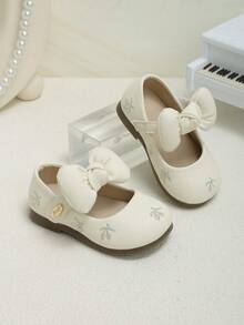 Toddler Little Girls Bow Decor Mary Jane Flats, Soft Non-Slip Sole Dress Shoes For Daily Party - Beige - View 6