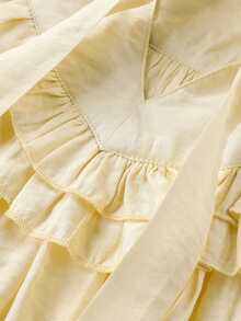 Elegant French-Style Blouse With Ruffle Trim, Ribbon Bow, Lantern Sleeves, Korean-Inspired Shirt For Early Spring, Travel, Casual And Vacation - Apricot - View 5
