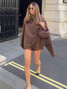 Women's Sleeveless Knit Pullover Sweater, Regular Fit, Fashionable Brown Cape-Style Top, Suitable For Autumn/Winter Casual Wear - Brown - View 2