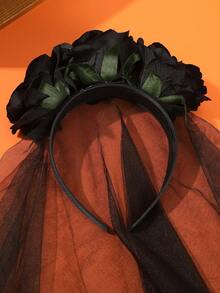 1pc Halloween Artificial Flower Black Mesh Headband, Holiday Ghost Bride Costume Headpiece, Party Cosplay Hair Accessory - Multicolor - View 8