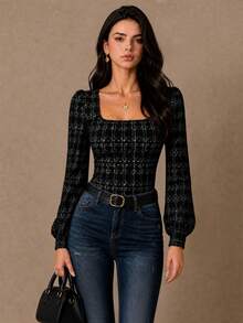 Women's Black Knitted Square Neck Top - Black - View 6