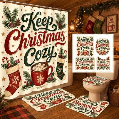 1pc/4pcs Keep Christmas Cozy Christmas Stocking Hot Cocoa Candy Cane Christmas Multi-Functional Bathroom Decor Shower Curtain Set Free 12 Hooks Premium Holiday Atmosphere Bathroom Mat U-Shaped Rug And Round Toilet Lid Cover Suitable For All Christmas Scenes