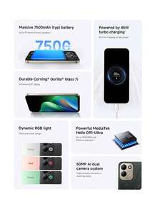 REDMI 17 智慧型手機 全球版 7500mAh 大容量電池 6.9 吋沉浸式螢幕 MediaTek Helio G91-Ultra 50MP AI 雙鏡頭 45W 快速充電 耐用 Corning® Gorilla® Glass 7i 動態 RGB 燈效 Xiaomi HyperOS 3 - 黑色 - 查看 2