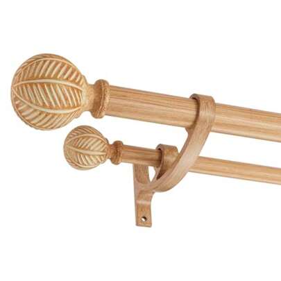 Wood Double Curtain Rods Set For Windows 36 To 72 Inch 3 To 6 Ft,Adjustable Heavy Duty Dual Drapery Rods, 1 Inch Boho Rustic Decorative Design With Imitation Wood Grain Leaf Finials