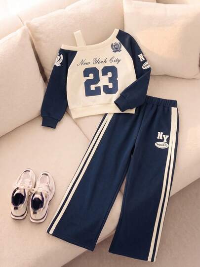Mädchen Winter Lässig Minimalistisch Asymmetrische Schulter Langarm Pullover Kurzes Sweatshirt & Gerade Bein Thermisch Gefütterte Hose Set