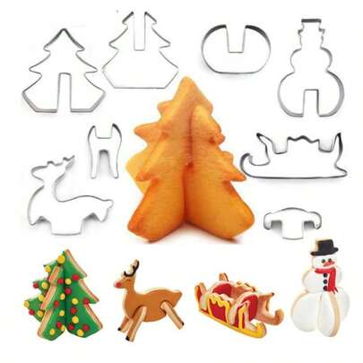 Juego de moldes cortadores de galletas de acero inoxidable 3D para Navidad, muñeco de nieve, árbol de Navidad, trineo, ciervo, molde cortador de galletas para casa de pastel de Navidad, herramientas de repostería DIY