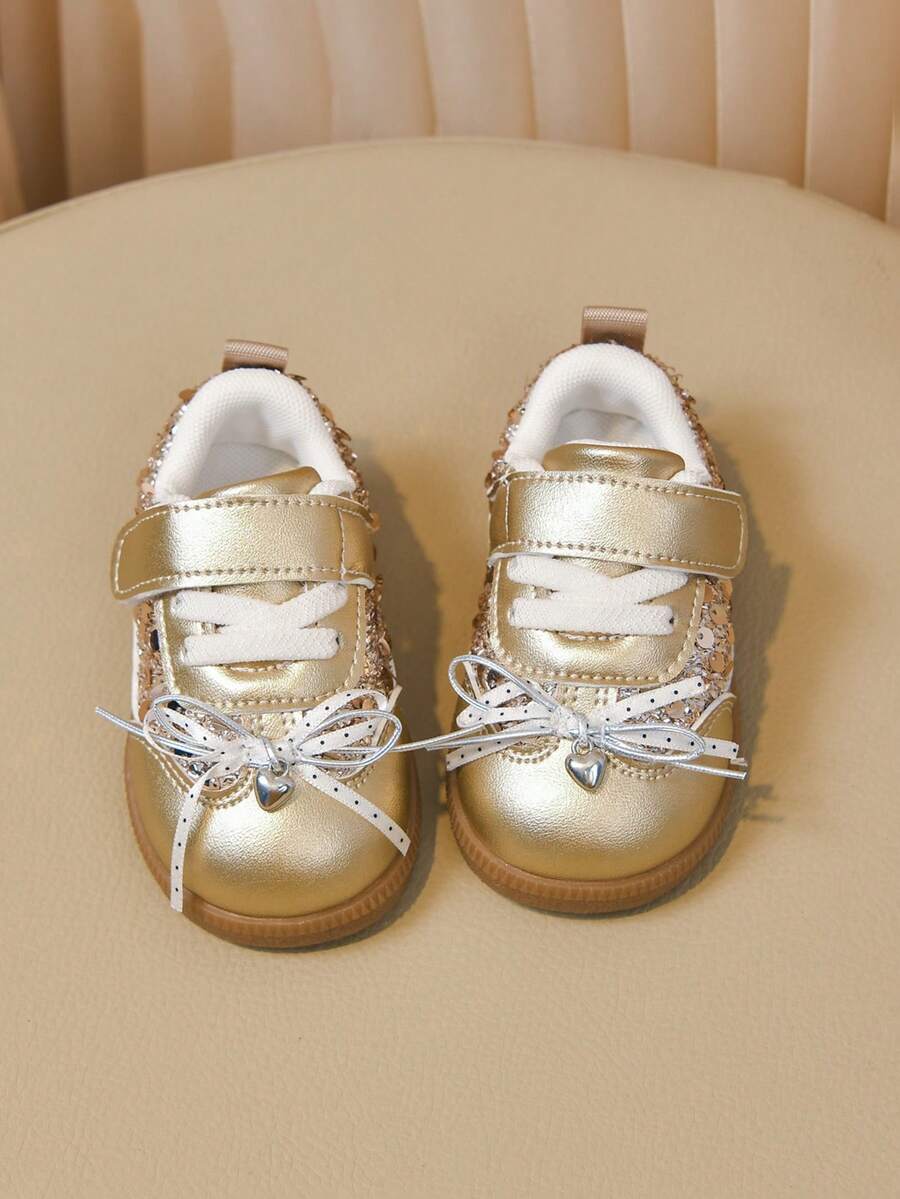 Gold Sequin Girls' First Walker Shoes, Heart Pendant Bow Magic Tape Princess Shoes For Baby Girls - Rose Gold - View 1