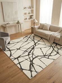 1pc Wabi-Sabi Style Beige Asymmetrical Cracked Pattern Rug, Minimalist Abstract Mesh Area Carpet For Living Room And Bedroom, Black Coffee Hand-Drawn Line Art Foot Mat, All-Season Machine Washable Home Decor - Multicolor - View 4