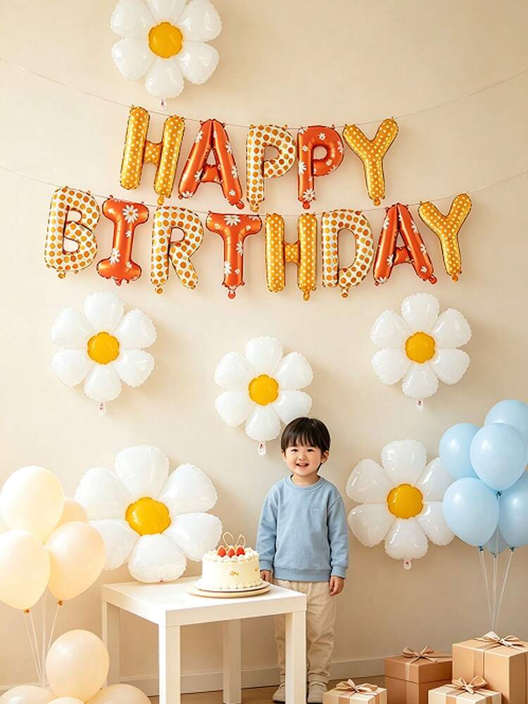 1/6/7pcs Daisy Happy Birthday Balloon Kit, Polka Dot Letter & White Daisy Foil Balloons For Baby Shower Birthday Party Decor - Multicolor - View 5