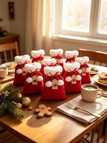 5/10pcs Drawstring Candy Gift Bags With White Pom Pom Christmas Gift Packaging Bags, Small Santa Claus Cloth Bags With Kraft Paper Tags (Random Pattern) And Rope, Suitable For Christmas Gifts, Party Favors And Holiday Table Decor - Multicolor - View 9