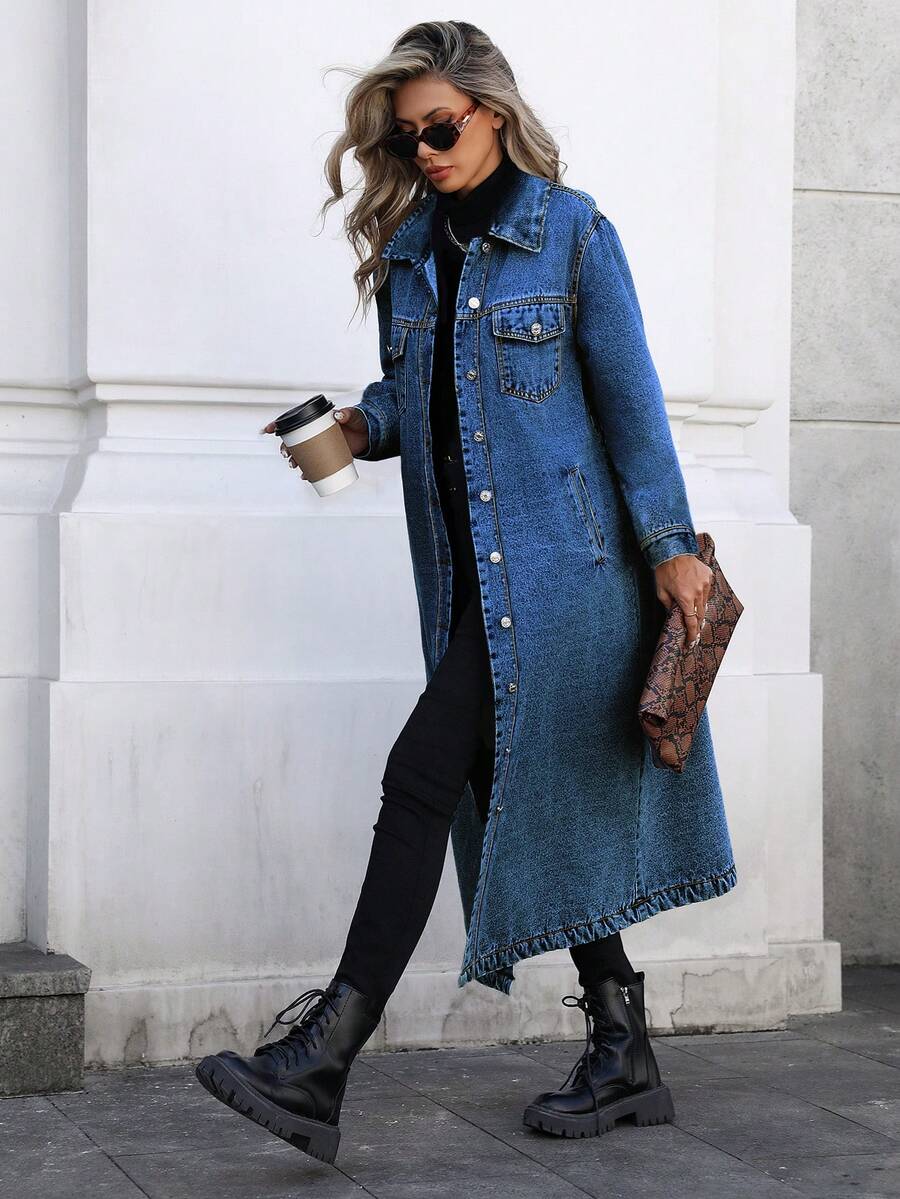 Mobula Sound#Spring/Summer Casual Fashion Versatile Elegant Academy Y2K Front Button Women's Long Trench Coat Denim Jacket - Fermented Dark Blue - View 1