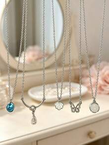 5pcs/Set Elegant Design Necklace With White Jade Moonstone, Minimalist Luxury Versatile Choker Necklace - Necklace - View 3