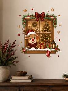 1pc Christmas Window Scene Wall Sticker Santa Claus Reindeer Peeking Through Window Christmas Tree Gift Box Holiday Window Decal Cozy Christmas Home Decor Self-Adhesive Removable Waterproof PVC Peel And Stick Wall Sticker For Home Holiday Decoration - Christmas Wall Decals - View 10
