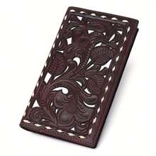 Vintage Genuine Leather Wallet For Women Western Cowgirl Floral Embossed Top Layer Cow Leather 13 Card Slot Checkbook Wallet - Black - View 9
