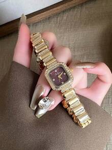 Luxury Square Gold Women's Watch, Deep Red Dial, Diamond-Studded Bezel, Minimalist Markings, Suitable As Daily Gift - Gold - View 6