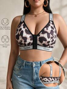 Plus Size Women's Front Closure Wireless Bra With Silver Ribbon - Black and White - View 5