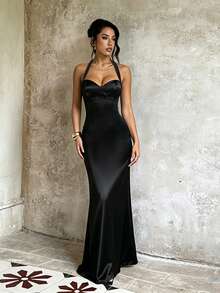 1 Solid Color Elegant Knit Fabric Dress For Wedding Summer - Black - View 3