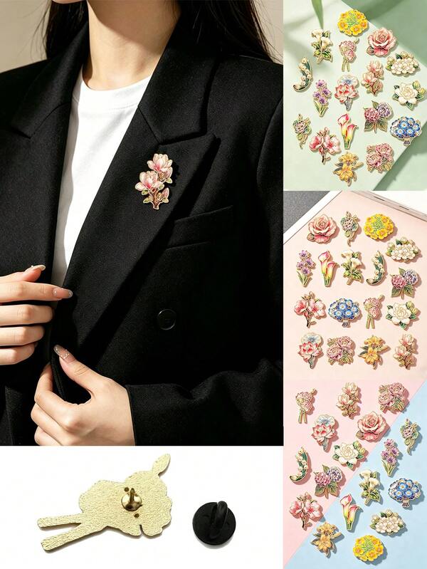 1/17pcs Elegant Floral Brooches, Diverse Flower Designs With Rich Charm, Delicate Details And Soft Colors, Easily Elevate Overall Outfit Style, Showcase Elegant Elegant, Decorate Various Clothing And Bags, Perfect Gift Choice With Full Atmosphere