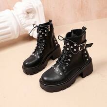 Punk Rivet Thick Sole Boots For Women, Lace-Up Buckle Side Zipper Ankle Boots, Lightweight For Travel Or Daily Wear - Black - View 3