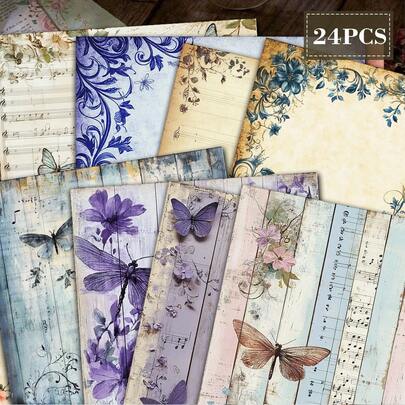 24 Sheets Vintage Music Sheet Butterfly Scrapbook Paper, 6 Inch Square Non-Repeating, Distressed Wood Grain Floral Staff Theme, Junk Journal Collage Background Paper, DIY Greeting Card Making, Artistic Handmade Gift