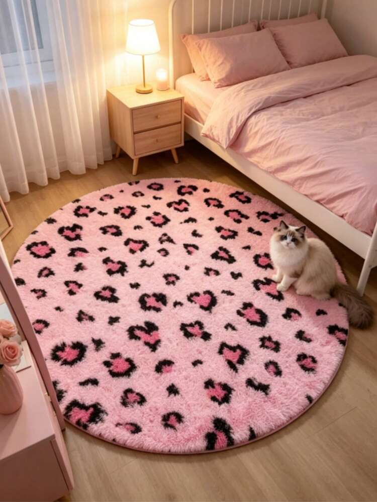 1 pieza Alfombra decorativa redonda con estampado de leopardo rosa, decoración de dormitorio de amor y sanación, alfombra pequeña, alfombra, decoración del hogar, alfombra de sala de estar, alfombra pequeña de sala de estar, alfombra de dormitorio, decoración del hogar de sala de estar, alfombra de exterior, alfombra lavable - Multicolor 4 - Añade 4