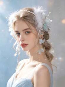 1件新娘婚禮季節頭飾，仙氣雪紡人造毛珍珠髮箍，防滑流蘇髮飾，甜美愛心造型髮箍 - 彩色 - 查看 1