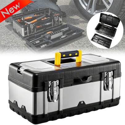 Hochbelastbare Werkzeugkiste aus Edelstahl und PP, tragbarer, robuster Aufbewahrungskoffer mit herausnehmbarer Einlage und abschließbarer Doppelverriegelung, wasserdichter Organizer für Reparaturen, Werkstatt, Auto
