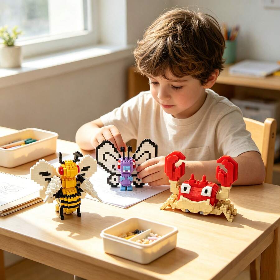 Children's Insect World Building Block Set, Bee Butterfly Crab DIY Assembly Model, Boy Girl Educational STEM Puzzle Toy, Creative Learning Building Block Gift, Children's Birthday Holiday Creative Hands-On Learning Construction Blocks
