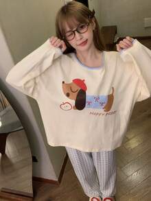 2pcs/Set Women's Pajamas Loungewear Set, Pullover Round Neck Cute Animal Print Minimalist Long Sleeve Cropped Pants, Comfortable For Home Wear - Yellow - View 10