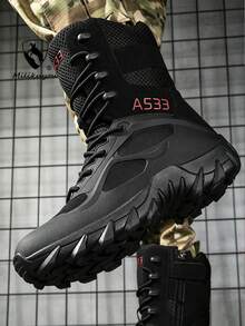 Men's Breathable Durable Side Zipper Lace-Up Round Toe High-Top Thick Sole Tactical Boots, Outdoor Hiking Desert Climbing Tactical Outdoor Spring Summer Suitable For Outdoor Hiking - Black - View 6