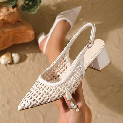 Sandal Wanita Ujung Lancip Tertutup Bahan Tekstil Hak Tebal dengan Tali Pergelangan Kaki, Sepatu Hak Tinggi yang Bernapas, Elegan untuk Pesta dan Perjalanan
