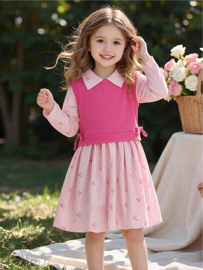 2pcs Young Girls Sweet & Cute Style Pullover Vest Top With Bowknot Striped Print Cinched Waist Dress, Spring/Autumn