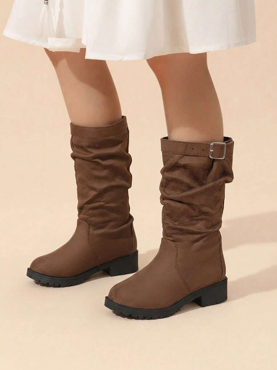 Girls' Brown Suede Mid-Calf Boots With Metal Buckle Slip-On Round Toe, Suitable For Autumn Outings And Shopping - Brown - View 1