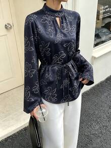 Women's Elegant Floral Print Top, Autumn - Royal Blue - View 8