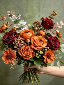 Artificial Flower Bouquet, Including Roses, Daisies, Double-Petal Flowers And Eucalyptus Leaves; Premium Mixed Floral Arrangement, Suitable For Home Decor, Holiday Decoration, Photography Props, Gift Decoration, Autumn Styling And Wedding Display. - Multicolor - View 3