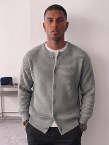 Unisex Casual Loose Fit Ribbed Round Neck Long Sleeve Cardigan, Minimalist Style, Autumn/Winter - Grey - View 5