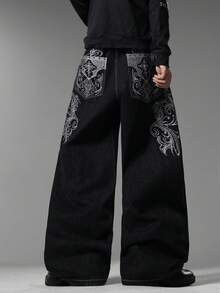 Men's Gothic Street Brand Wide Leg Jeans, Exquisite Retro Embroidery, Comfortable Versatile All-Season Long Pants (No Belt & Accessories) - Black - View 7