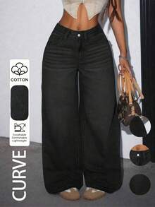 Plus Size Women Casual Loose Straight Leg Jeans With Pockets Spring Black Fall - Black - View 2