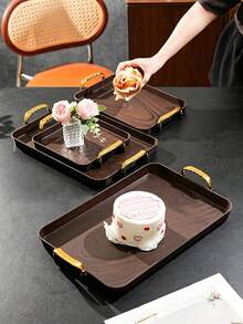 Walnut Wood Grain Tray, Thickened PET Rectangular Tray With Handles, Plastic Storage Tray, Suitable For Tea Cups, Water Cups, Snacks, Fruits, Dried Fruits, Candy Storage - Wood Grain - View 7
