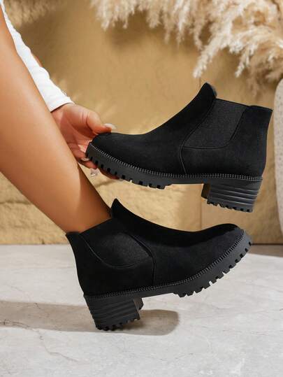 Botas de Tornozelo Femininas de Cor Sólida Estilo Ocidental com Tira Trançada e Salto Grosso para Casa