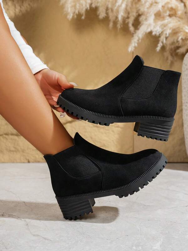 Women's Solid Color Western Style Woven Strap Chunky Heel Home Ankle Boots