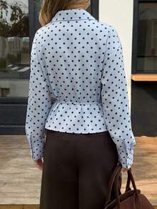Women's Fashion Elegant Minimalist Commute Retro Colorblock Polka Dot Light Blue Hidden Button Tie Waist Blouse - Light Blue - View 3