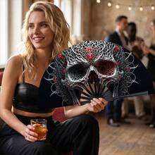 1pc Halloween Kung Fu Fan Gothic Style Exquisite Floral Skeleton Print Handheld Folding Fan, Plastic Black Ribs, Decorative Portable Fan For Daily Use And Theme Parties - One Size Fits All - View 1