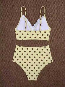 New Summer Women's Polka Dot Print Elegant 2 Pieces Bikini Set, With Ruffle Lace, Suitable For Beach Vacation - Cream - View 3