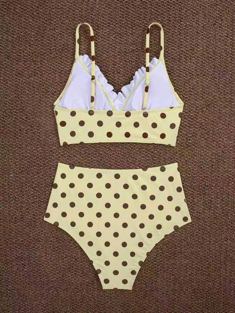 New Summer Women's Polka Dot Print Elegant 2 Pieces Bikini Set, With Ruffle Lace, Suitable For Beach Vacation - Cream - View 3
